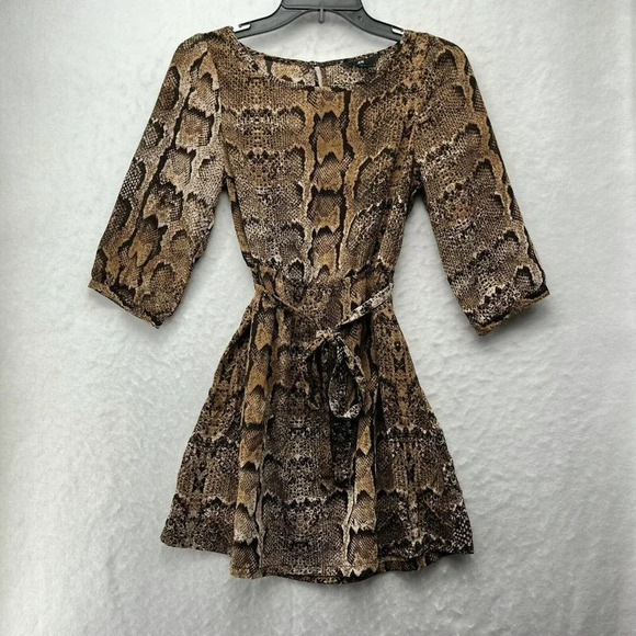 H&M Mini Dress Women's Sz 4 Brown Snake Print 3/4 Sleeve Scoop Neck Tie Waist - Picture 1 of 11